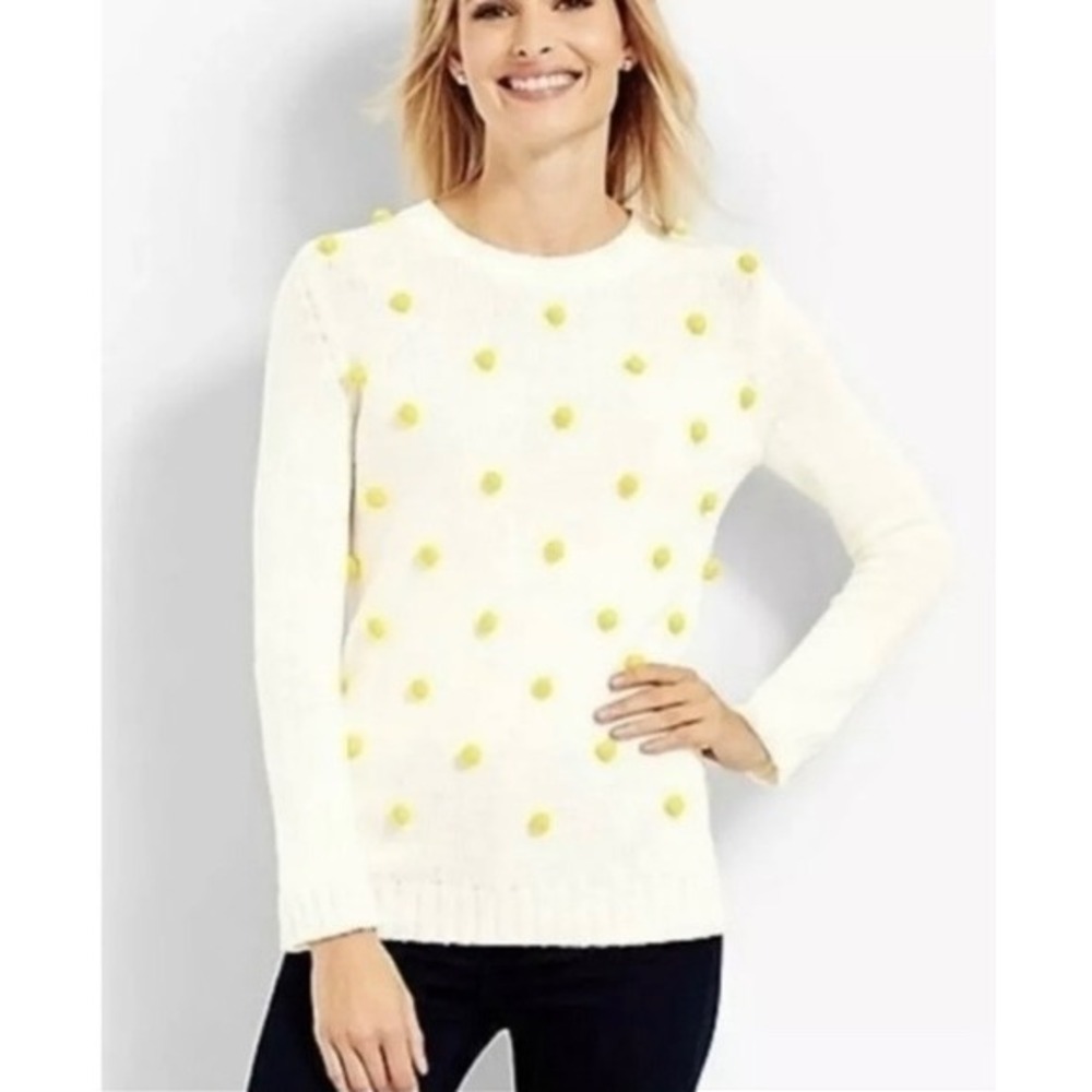 Talbots Womens White Yellow Pom Pom Long Sleeve Zip Back‎ Knit Sweater Large